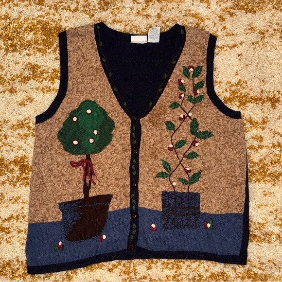 Vintage Sweaters - Vintage 90s Cottagecore Granny Chic Potted Plant Sweater Vest Plus Size 1X